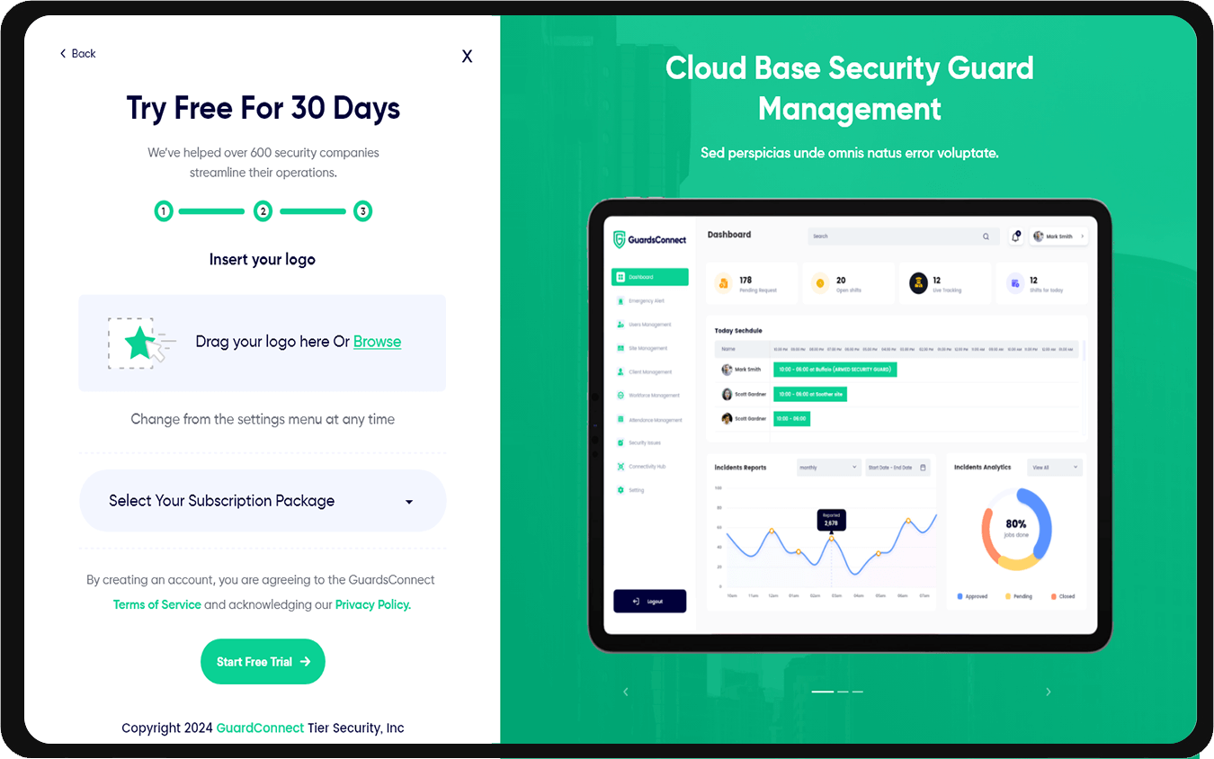 GuardsConnect dashboard and mobile app