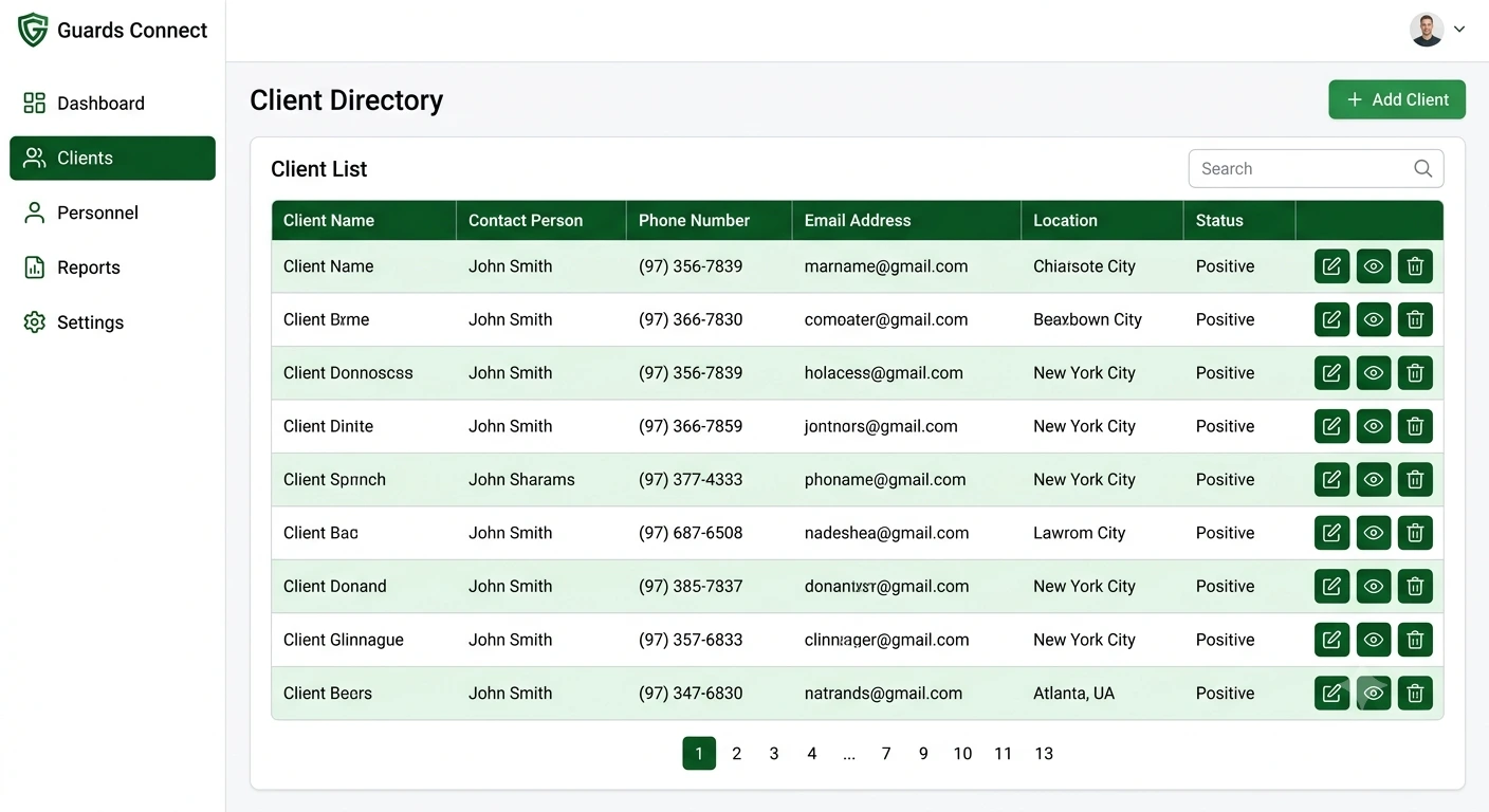 Client List Directory table in Guards Connect