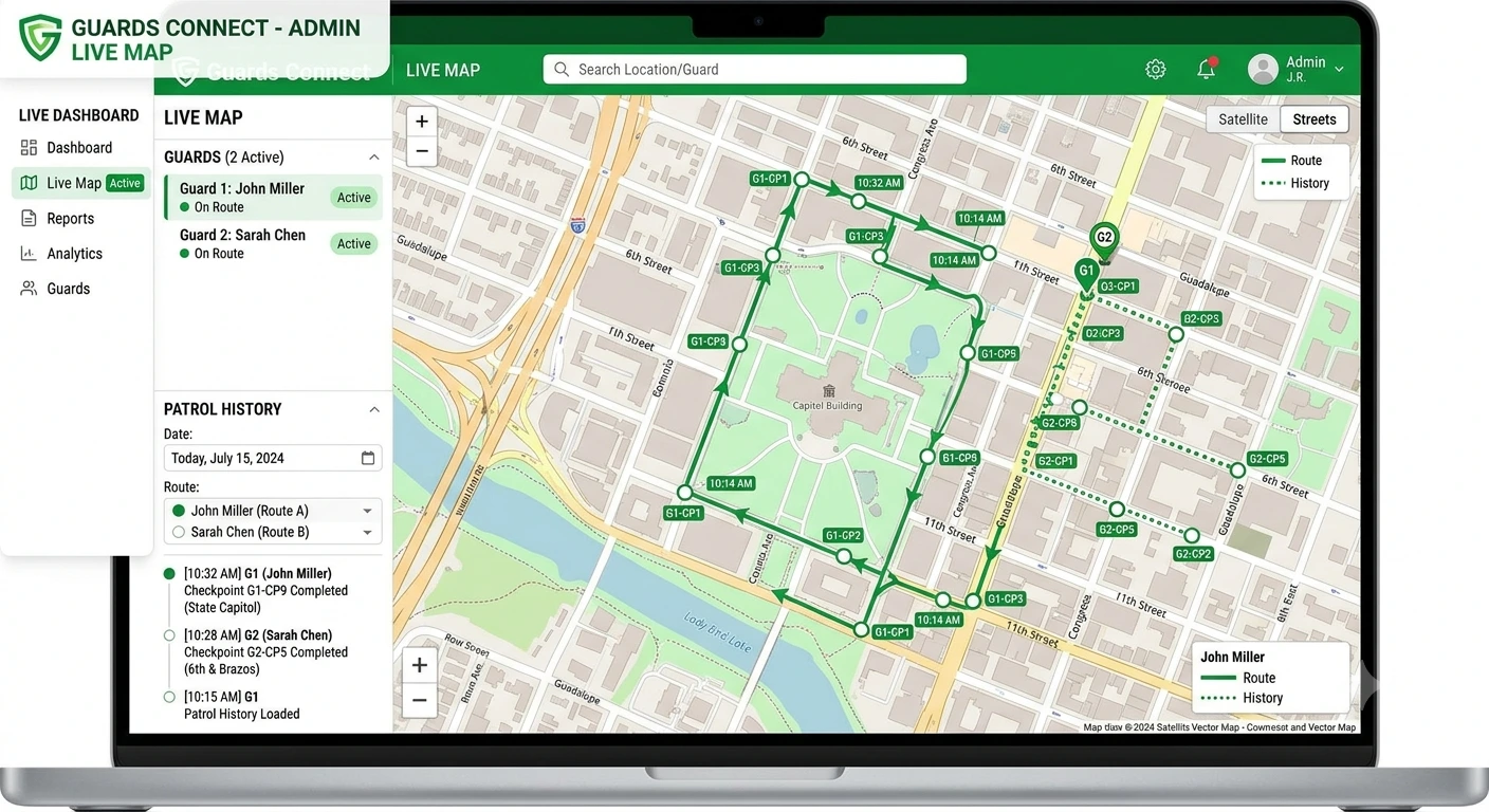 Admin Live Map showing patrol routes and guard locations